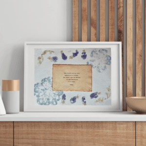 Art using pigment from real plants with a quote by Rumi typed using a typewriter on handmade cotton paper.