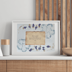 Art using pigment from real plants with a quote by Rumi typed using a typewriter on handmade cotton paper.