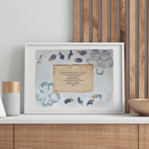 Art using pigment from real plants with a quote by Rumi typed using a typewriter on handmade cotton paper.