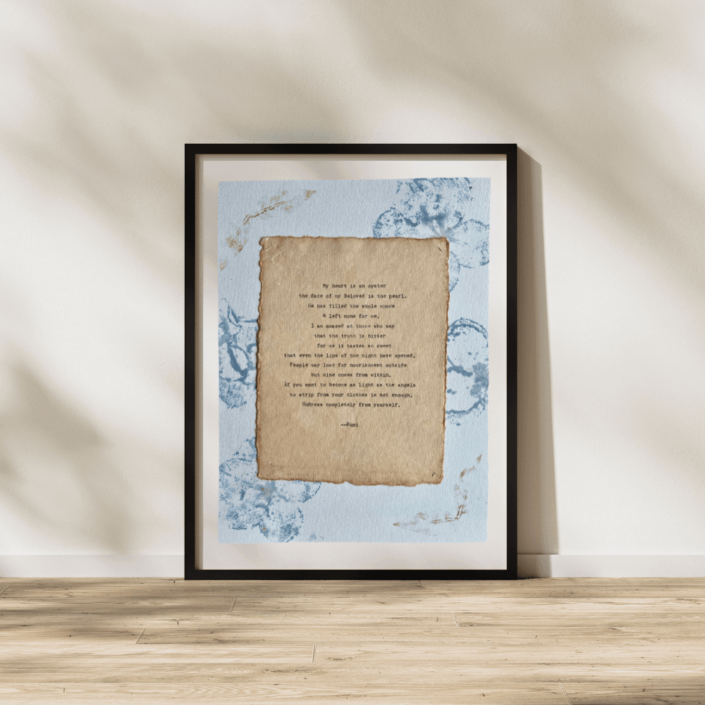 Art using pigment from real plants with a quote by Rumi typed using a typewriter on handmade cotton paper.