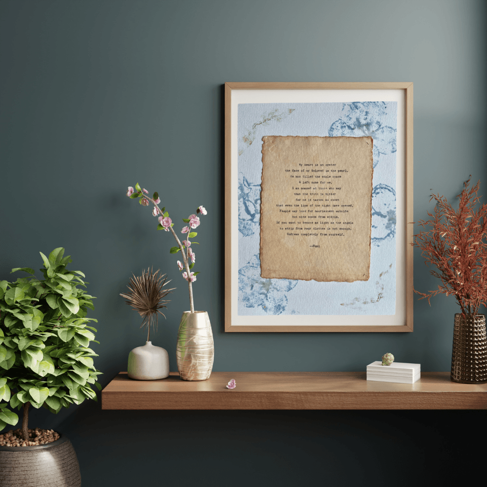 Art using pigment from real plants with a quote by Rumi typed using a typewriter on handmade cotton paper.