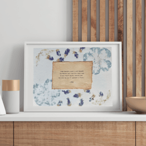 Art using pigment from real plants with a quote by Rumi typed using a typewriter on handmade cotton paper.