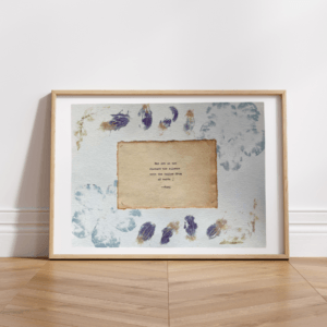 Art using pigment from real plants with a quote by Rumi typed using a typewriter on handmade cotton paper.