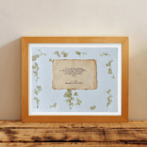 Art made using pigment from real plants as a backdrop. Atop, on handmade cotton paper, is a hand typed quote from A. A. Milne's book The House at Pooh Corner.