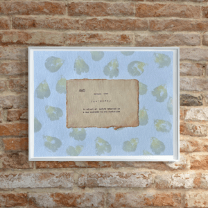 Art made using pigment from real plants as a backdrop. Atop, on handmade cotton paper, is the hand typed action verb, adapt, followed by its definition.