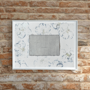 Art made using pigment from real azalea plants as a backdrop. Atop, on handmade cotton paper, are the hand typed plant common name and botanical name.