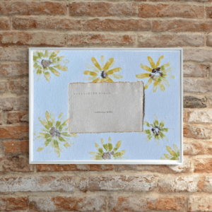 Art made using pigment from real black-eyed Susan plants as a backdrop. Atop, on handmade cotton paper, are the hand typed plant common name and botanical name.