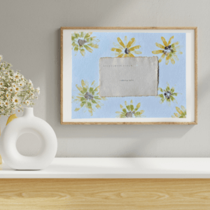 Art made using pigment from real black-eyed Susan plants as a backdrop. Atop, on handmade cotton paper, are the hand typed plant common name and botanical name.