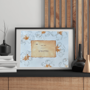 Art made using pigment from real plants as a backdrop. Atop, on handmade cotton paper, is the hand typed action verb, bloom, followed by its definition.