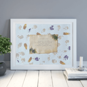 Art made using pigment from real plants as a backdrop. Atop, on handmade cotton paper, is a hand typed description for the archetype, the creator.