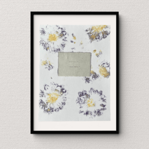 Art made using pigment from real dahlia plants as a backdrop. Atop, on handmade cotton paper, are the hand typed plant common name and botanical name.