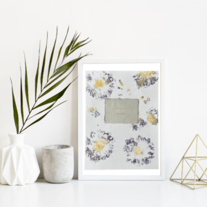 Art made using pigment from real dahlia plants as a backdrop. Atop, on handmade cotton paper, are the hand typed plant common name and botanical name.