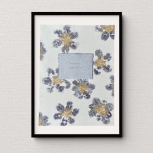 Art made using pigment from real dahlia plants as a backdrop. Atop, on handmade cotton paper, are the hand typed plant common name and botanical name.