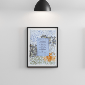 Art made using pigment from real plants depicting a backdrop inspired by the Blue Ridge Mountains with a typewritten quote from Henry David Thoreau's Walden on handmade cotton paper on top.