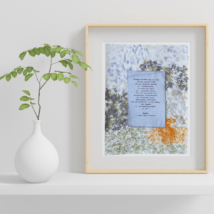 Art made using pigment from real plants depicting a backdrop inspired by the Blue Ridge Mountains with a typewritten quote from Henry David Thoreau's Walden on handmade cotton paper on top.