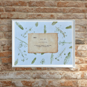 Art made using pigment from real plants as a backdrop. Atop, on handmade cotton paper, is the hand typed action verb, enrich, followed by its definition.