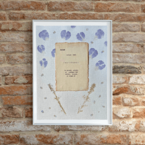 Art made using pigment from real plants as a backdrop. Atop, on handmade cotton paper, is the hand typed action verb, expand, followed by its definition.