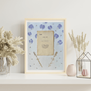 Art made using pigment from real plants as a backdrop. Atop, on handmade cotton paper, is the hand typed action verb, expand, followed by its definition.