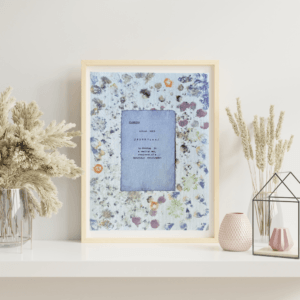 Art made using pigment from real plants as a backdrop. Atop, on handmade cotton paper, is the hand typed action verb, flourish, followed by its definition.
