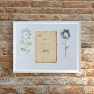 Art made using pigment from real plants as a backdrop. Atop, on handmade cotton paper, is the hand typed action verb, flower, followed by its definition.