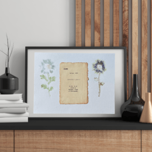 Art made using pigment from real plants as a backdrop. Atop, on handmade cotton paper, is the hand typed action verb, flower, followed by its definition.