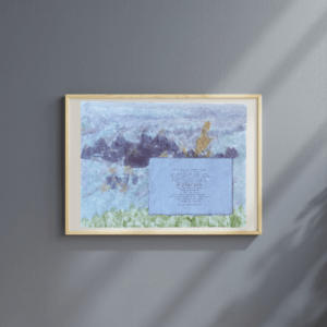 Art made using pigment from real plants depicting a backdrop inspired by the Blue Ridge Mountains with a typewritten poem on handmade cotton paper on top.