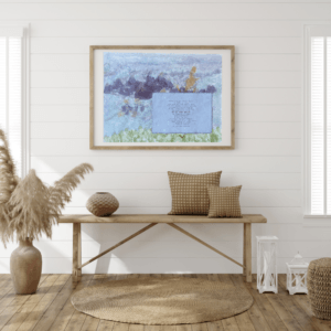 Art made using pigment from real plants depicting a backdrop inspired by the Blue Ridge Mountains with a typewritten poem on handmade cotton paper on top.