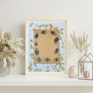 Art made using pigment from real plants depicting a floral backdrop behind a typewritten poem on handmade cotton paper.