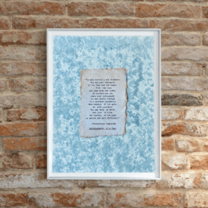 Art made using pigment from real plants depicting a blue backdrop with a typewritten quote by Paramahansa Yogananda on handmade cotton paper on top.