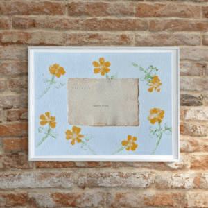 Art made using pigment from real marigold plants as a backdrop. Atop, on handmade cotton paper, are the hand typed plant common name and botanical name.