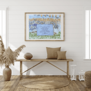 Art made using pigment from real plants depicting a backdrop inspired by the Blue Ridge Mountains with a typewritten quote from Henry David Thoreau's Walden on handmade cotton paper on top.