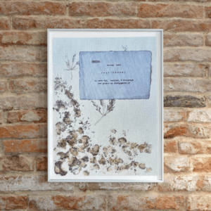 Art made using pigment from real plants as a backdrop. Atop, on handmade cotton paper, is the hand typed action verb, nurture, followed by its definition.