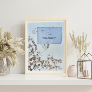 Art made using pigment from real plants as a backdrop. Atop, on handmade cotton paper, is the hand typed action verb, nurture, followed by its definition.