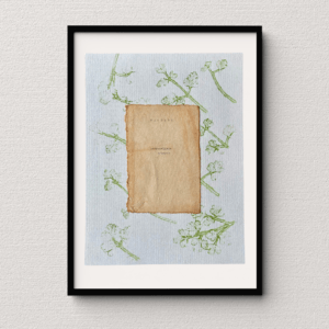 Art made using pigment from real parsley plants as a backdrop. Atop, on handmade cotton paper, are the hand typed plant common name and botanical name.