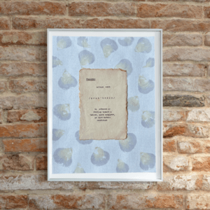 Art made using pigment from real plants as a backdrop. Atop, on handmade cotton paper, is the hand typed action verb, progress, followed by its definition.