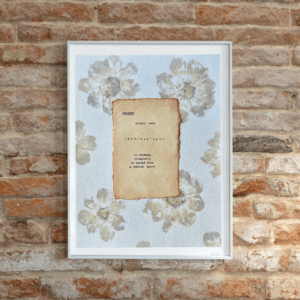 Art made using pigment from real plants as a backdrop. Atop, on handmade cotton paper, is the hand typed action verb, radiate, followed by its definition.