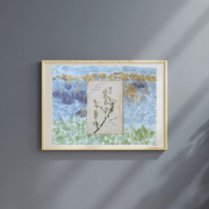 Art made using pigment from real plants depicting a backdrop inspired by the Blue Ridge Mountains with a typewritten poem on handmade cotton paper on top.
