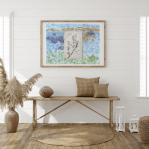 Art made using pigment from real plants depicting a backdrop inspired by the Blue Ridge Mountains with a typewritten poem on handmade cotton paper on top.