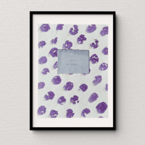 Art made using pigment from real rose plants as a backdrop. Atop, on handmade cotton paper, are the hand typed plant common name and botanical name.