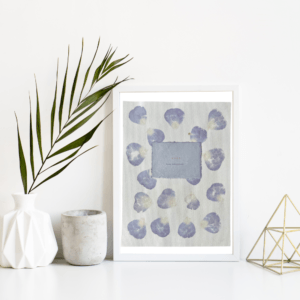 Art made using pigment from real rose plants as a backdrop. Atop, on handmade cotton paper, are the hand typed plant common name and botanical name.