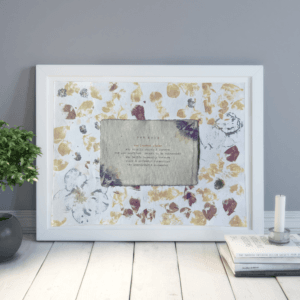 Art made using pigment from real plants as a backdrop. Atop, on handmade cotton paper, is a hand typed description for the archetype, the sage.