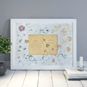 Art made using pigment from real plants as a backdrop. Atop, on handmade cotton paper, is a hand typed description for the archetype, the socialite.
