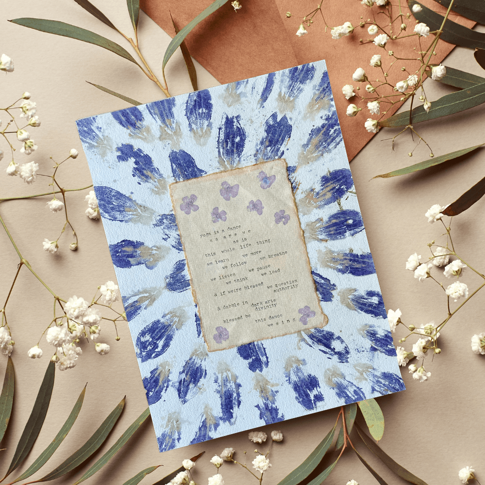 Art made using pigment from real plants depicting a floral backdrop behind a typewritten poem on handmade cotton paper.