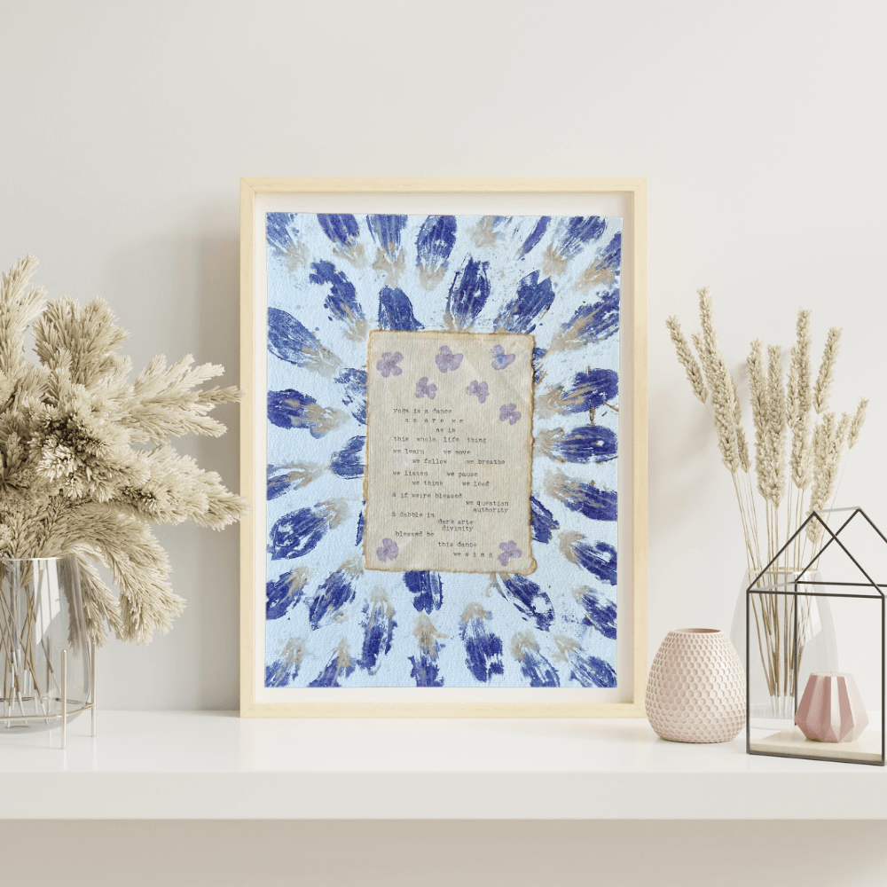 Art made using pigment from real plants depicting a floral backdrop behind a typewritten poem on handmade cotton paper.