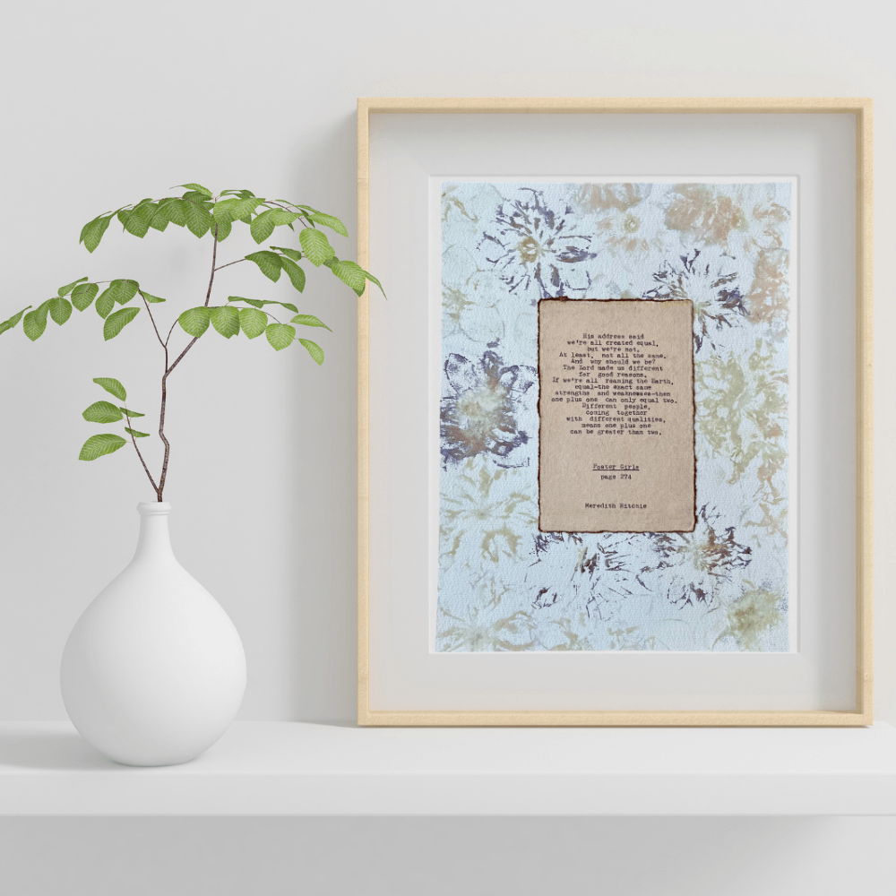 Our Differences Make the Difference quote from Poster Girls by Meredith Ritchie on handmade floral paper with lenten roses