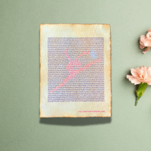 Handmade typewriter art on handmade, recycled, deckled-edged cotton paper. The repeated word “dance” is hand typed in black on a typewriter. The red text forms a visual of a dancer mid-leap among the black text. The piece is displayed on a sage green background with light pink carnations arranged to the right. At the bottom of the art, the website “www.PlantsAreMyType.com” appears in red.