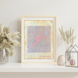 Handmade typewriter art on handmade, recycled, deckled-edged cotton paper. The repeated word “dance” is hand typed in black on a typewriter. The red text forms a visual of a dancer mid-leap among the black text. The piece rests in a neutral frame on a white shelf styled with dried pampas grass, a glass terrarium, and pink textured vases to the sides. At the bottom of the art, the website “www.PlantsAreMyType.com” appears in red.