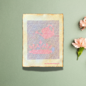 Handmade typewriter art on handmade, recycled, deckled-edged cotton paper. The repeated word “garden” is hand typed in black on a typewriter. The red text forms a visual of a watering can and small seedlings among the black text. The piece is displayed on a sage green background with light pink carnations arranged to the right. At the bottom of the art, the website “www.PlantsAreMyType.com” appears in red.
