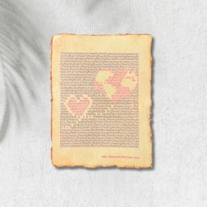 Handmade typewriter art on handmade, recycled, deckled-edged cotton paper. The repeated word “travel” is hand typed in black on a typewriter. Red letters and negative space forms a visual of a heart outline trailing to a heart-shaped map of the world among the black text. The piece rests on a textured white surface with the shadow of a palm on the top left side. At the bottom, the website “www.PlantsAreMyType.com” is typed in red.