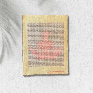 Handmade typewriter art on handmade, recycled, deckled-edged cotton paper. The repeated word “yoga” is hand typed in black on a typewriter. Red letters form a visual of a seated meditator among the black text. The piece rests on a textured white surface with the shadow of a palm on the top left side. At the bottom, the website “www.PlantsAreMyType.com” is typed in red.